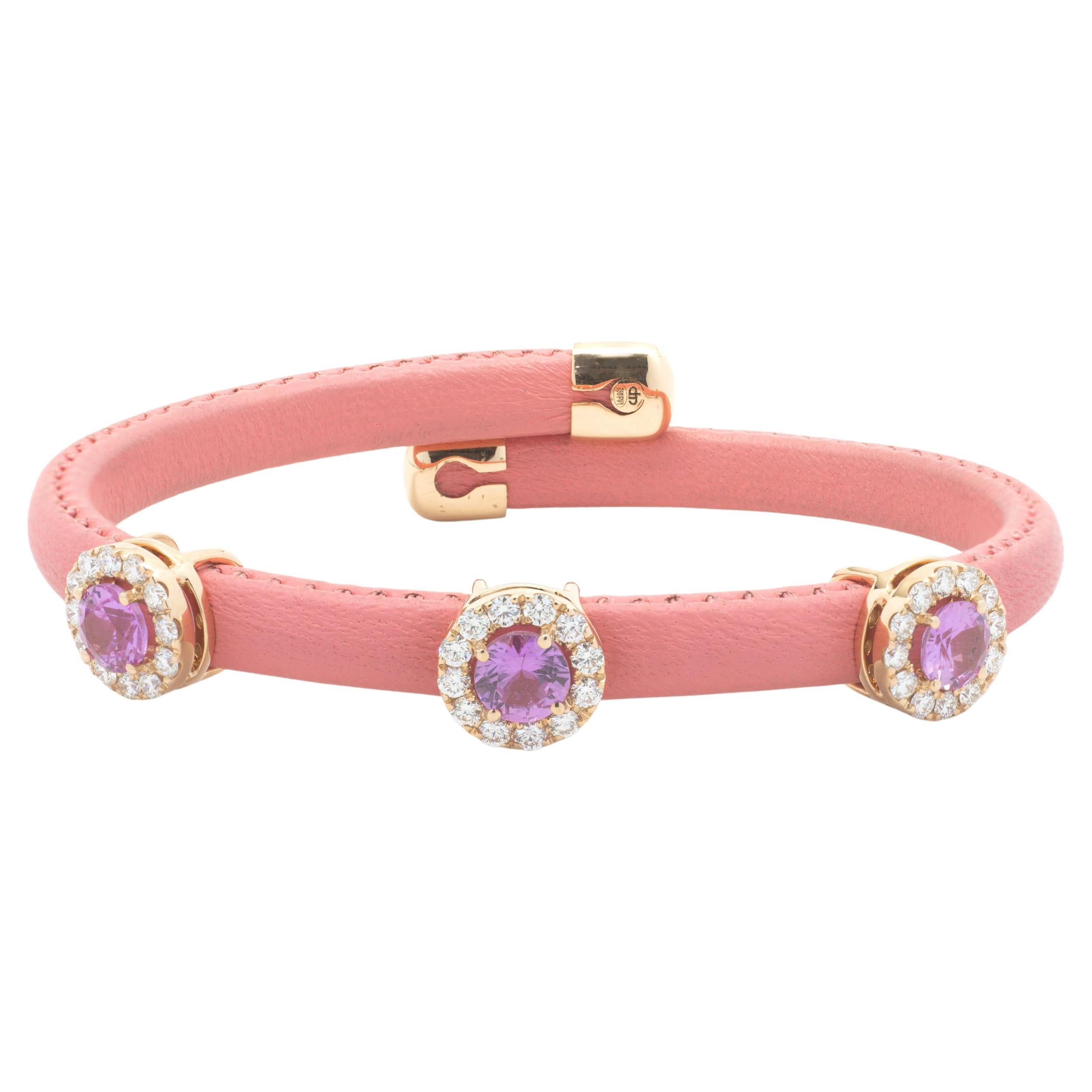 18 Karat White Gold Pink Leather Pink Sapphire and Diamond Wrap Bracelet For Sale