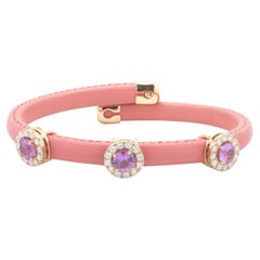 18 Karat White Gold Pink Leather Pink Sapphire and Diamond Wrap Bracelet
