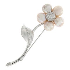 18 Karat White Gold Pink Pearl Flower Diamond Brooch by Schoeffel