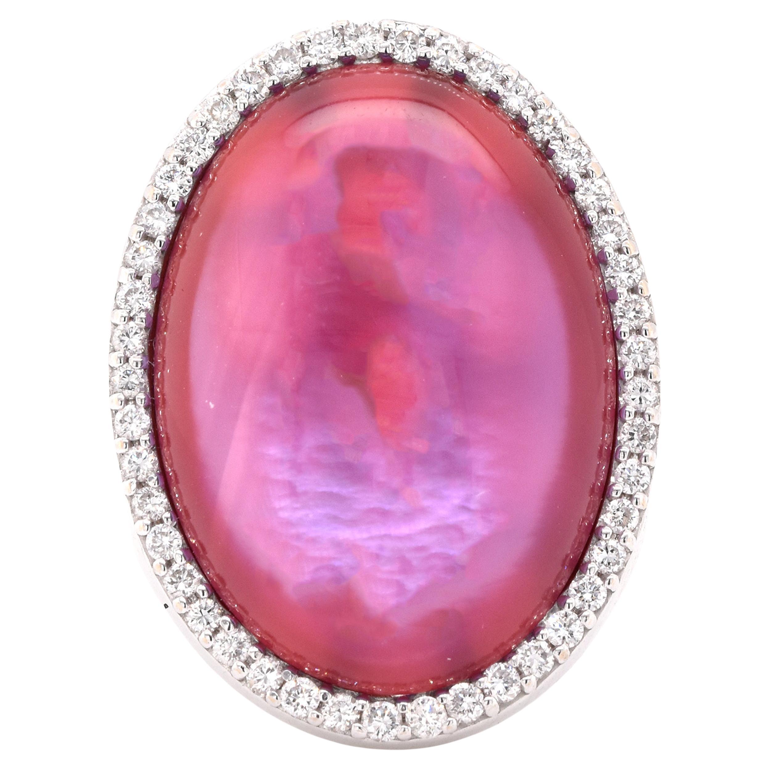 18 Karat White Gold Pink Quartz Over Mother of Pearl and Diamond Ring For Sale