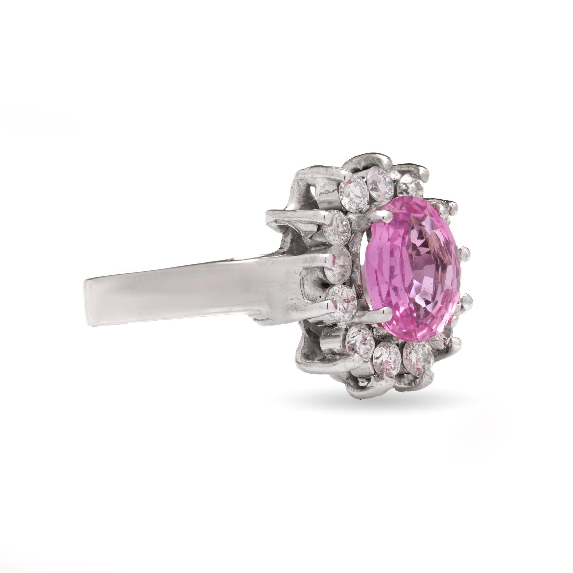 Oval Cut 18 Karat White Gold Pink Sapphire and Diamond Cluster Ring For Sale