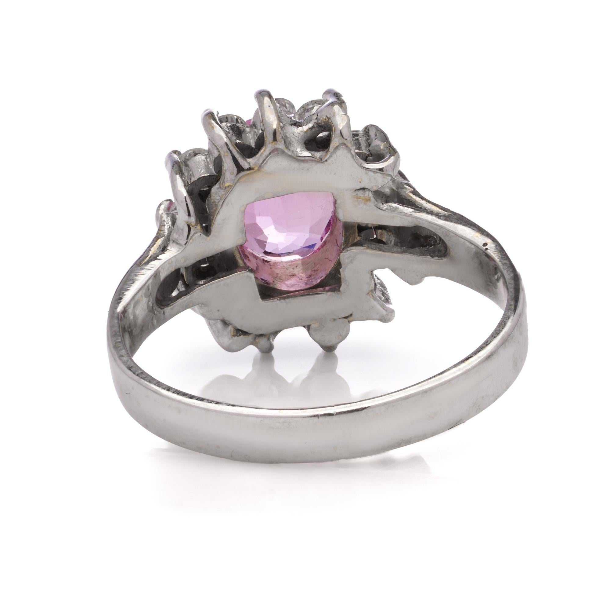 Women's 18 Karat White Gold Pink Sapphire and Diamond Cluster Ring For Sale