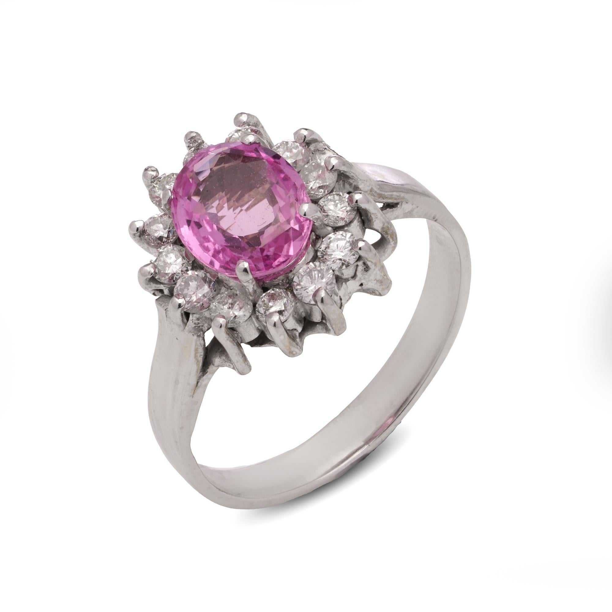 18 Karat White Gold Pink Sapphire and Diamond Cluster Ring For Sale 1