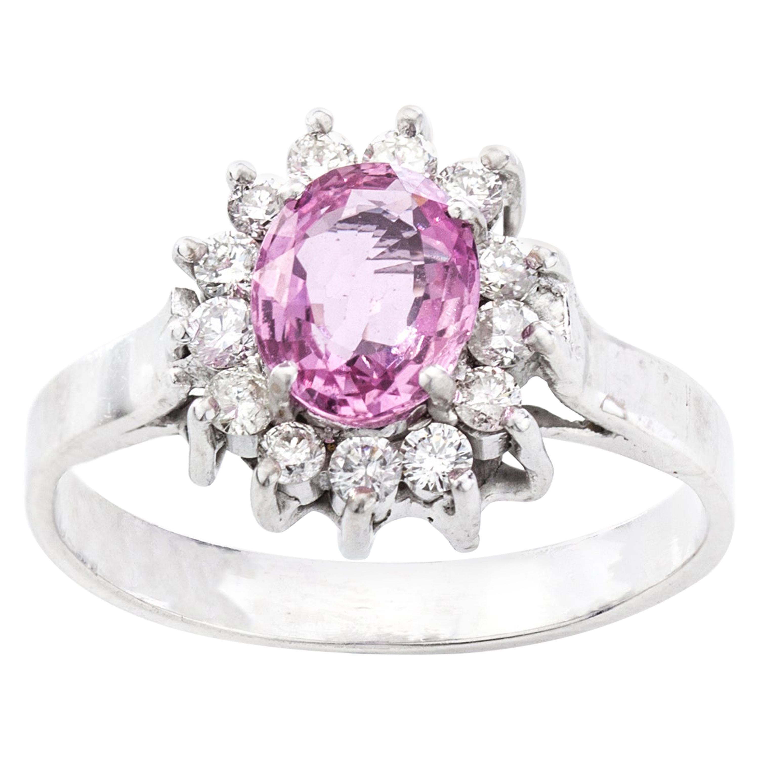 18 Karat White Gold Pink Sapphire and Diamond Cluster Ring For Sale
