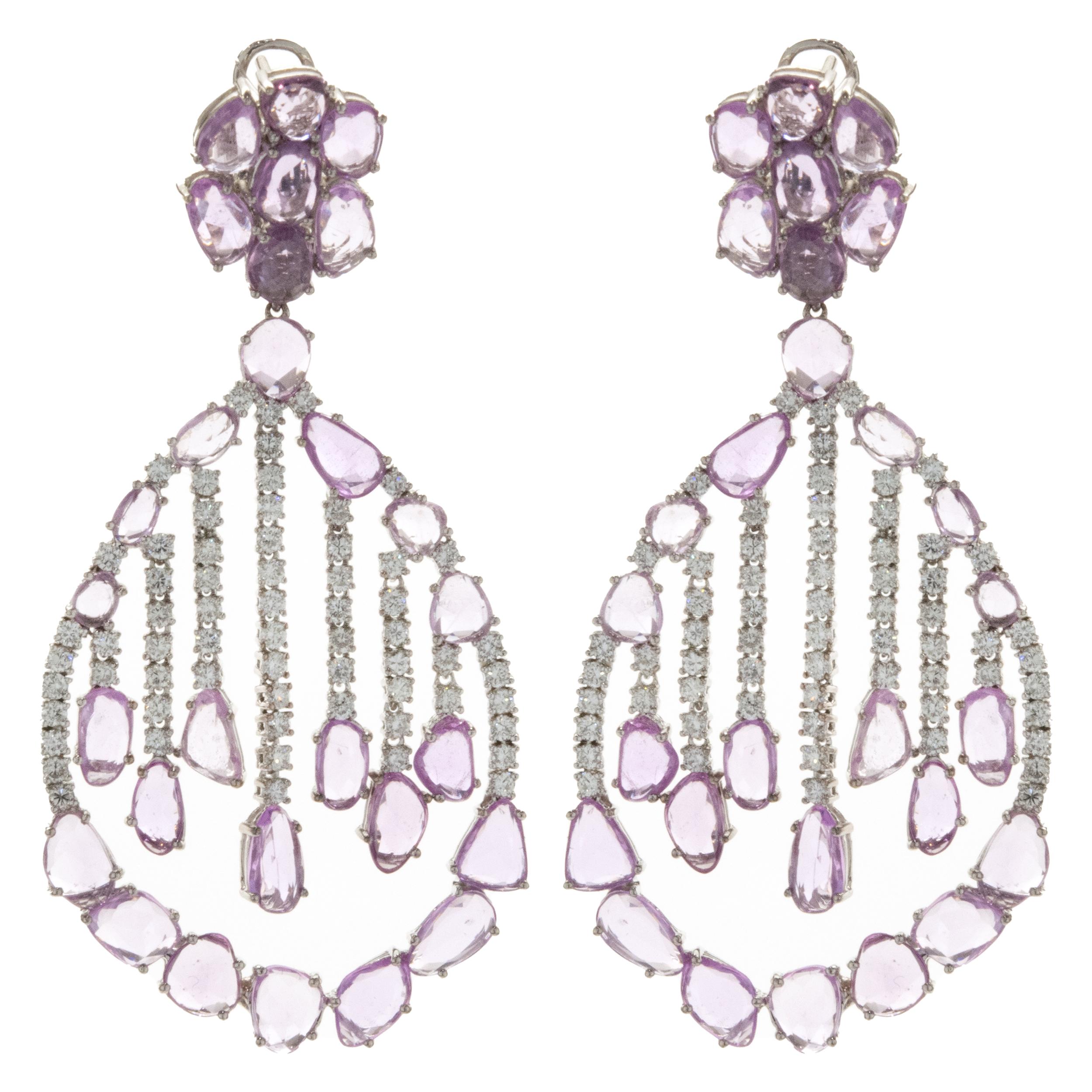 18 Karat White Gold Pink Sapphire and Diamond Dream Catcher Floating Earrings For Sale
