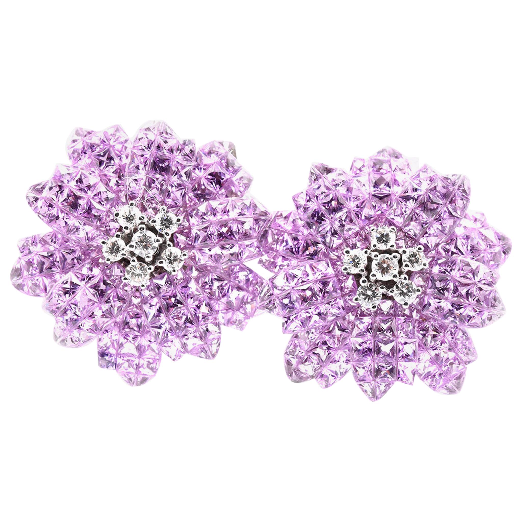 18 Karat White Gold Pink Sapphire and Diamond Flower Earrings