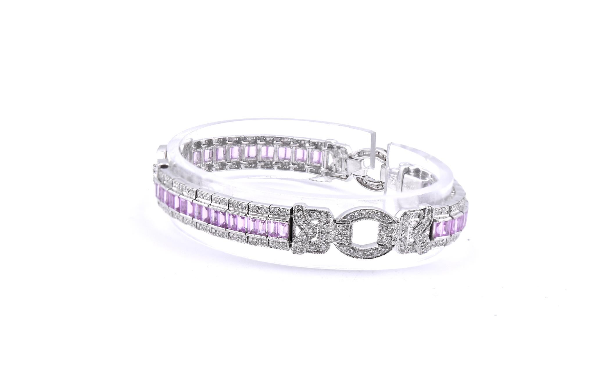 Round Cut 18 Karat White Gold Pink Sapphire and Diamond Link Bracelet