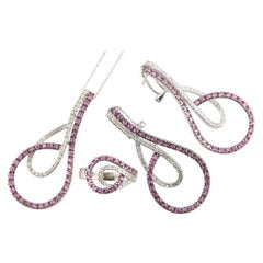 18 Karat White Gold Pink Sapphire and Diamond Ring, Earring, and Pendant Set