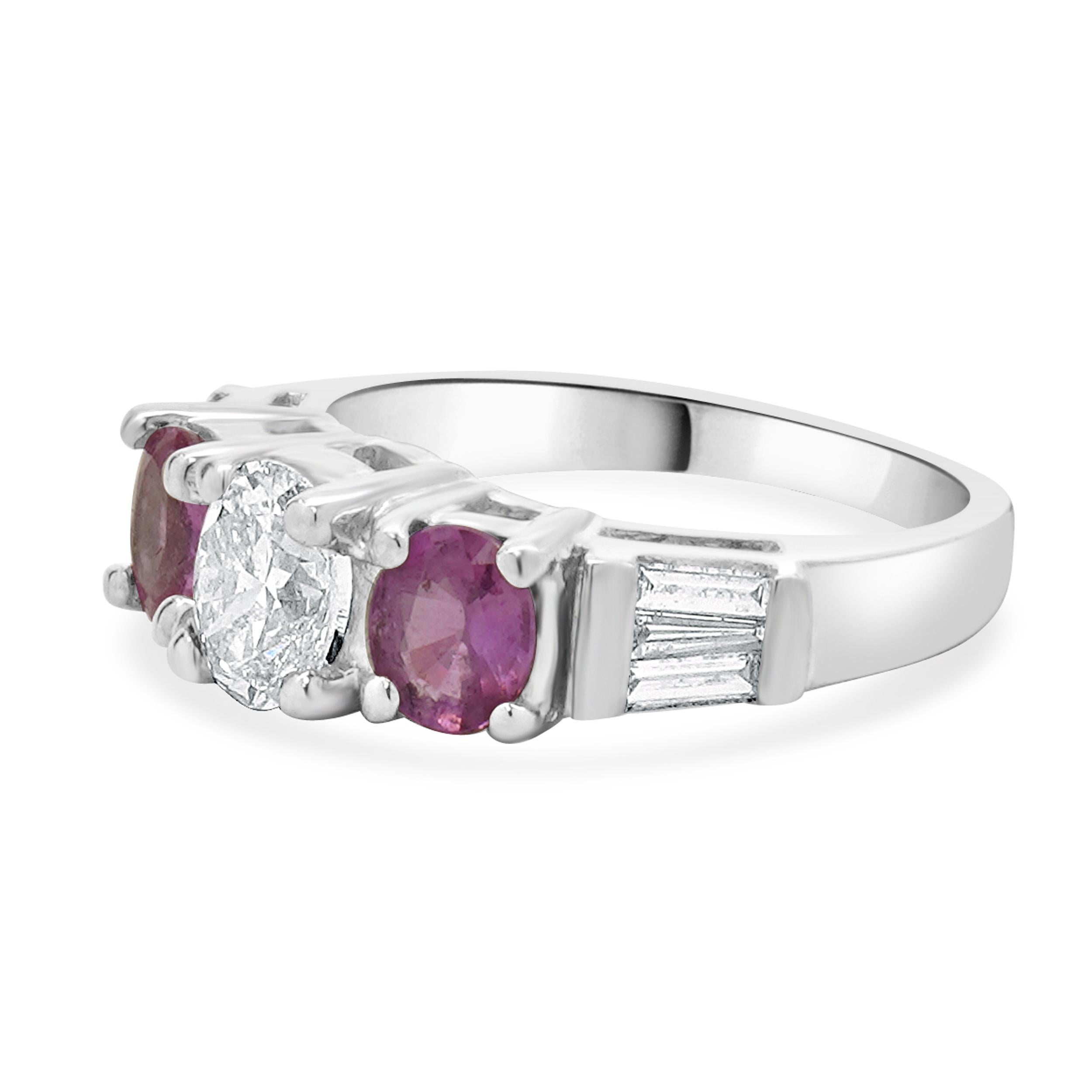 Material: 18K white gold
Center Diamond: 1 oval cut = 0.70cttw
Color: H
Clarity: SI1
Diamond: 6 baguette cut = 0.24cttw
Color: H
Clarity: SI2
Pink Sapphire: 2 oval cut = 0.84cttw
Ring Size: 6.25 (please allow up to 2 additional business days for