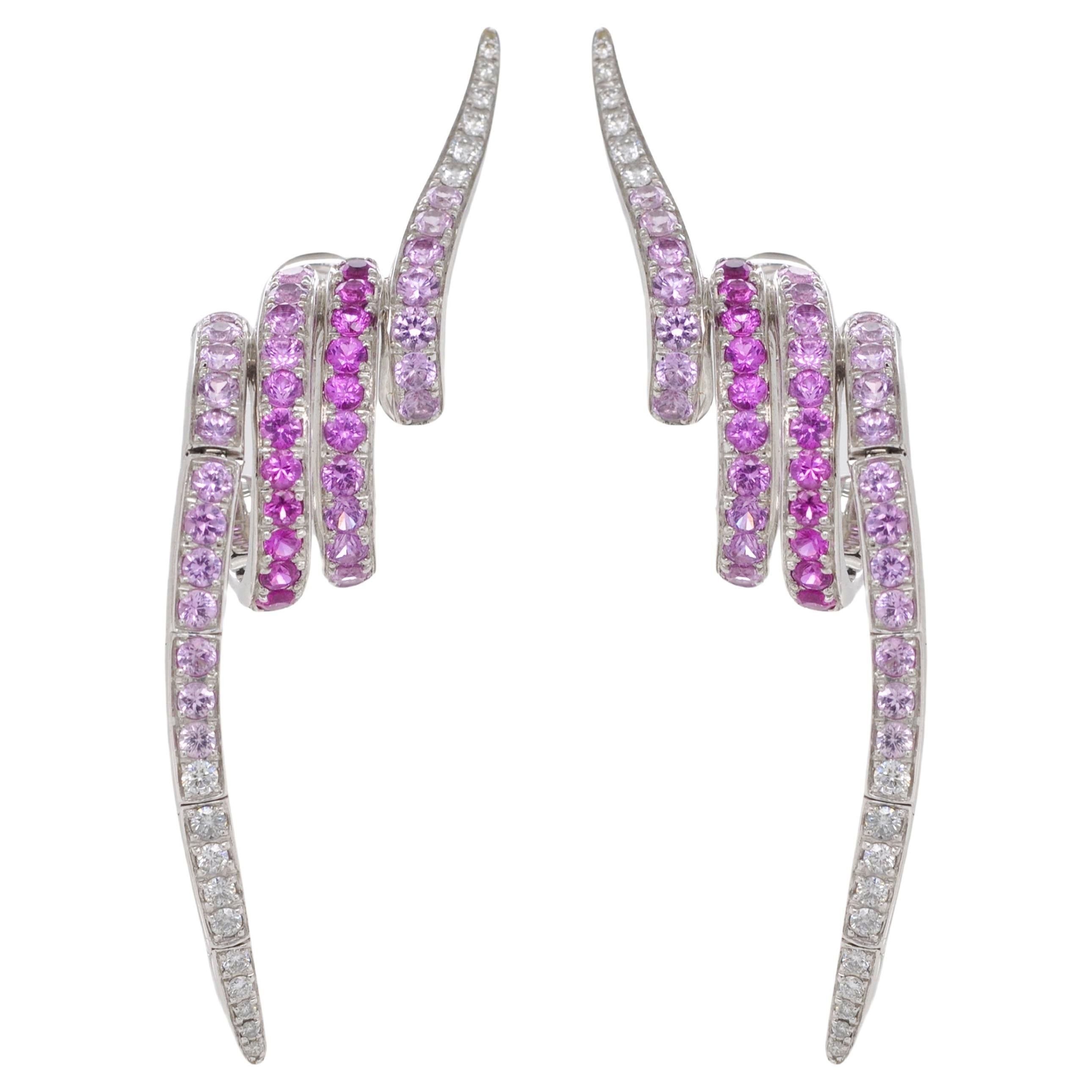 18 Karat White Gold Pink Sapphire Diamond Arc Earrings For Sale