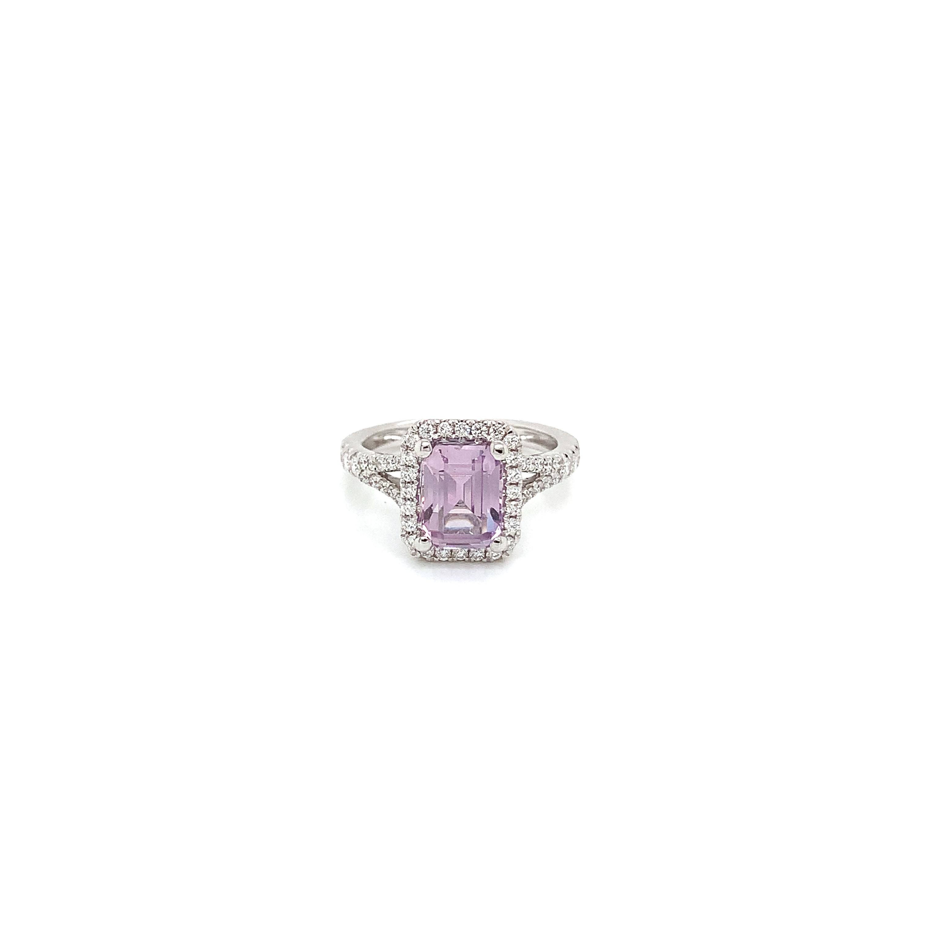 Certified no heat 2.34 ct emerald cut Madagascar Pink Sapphire
Measuring (8.3x6.3) mm
54 pieces of round diamonds weighing .44 cts.
Set in 18K white gold ring
Weighing 4.44 grams