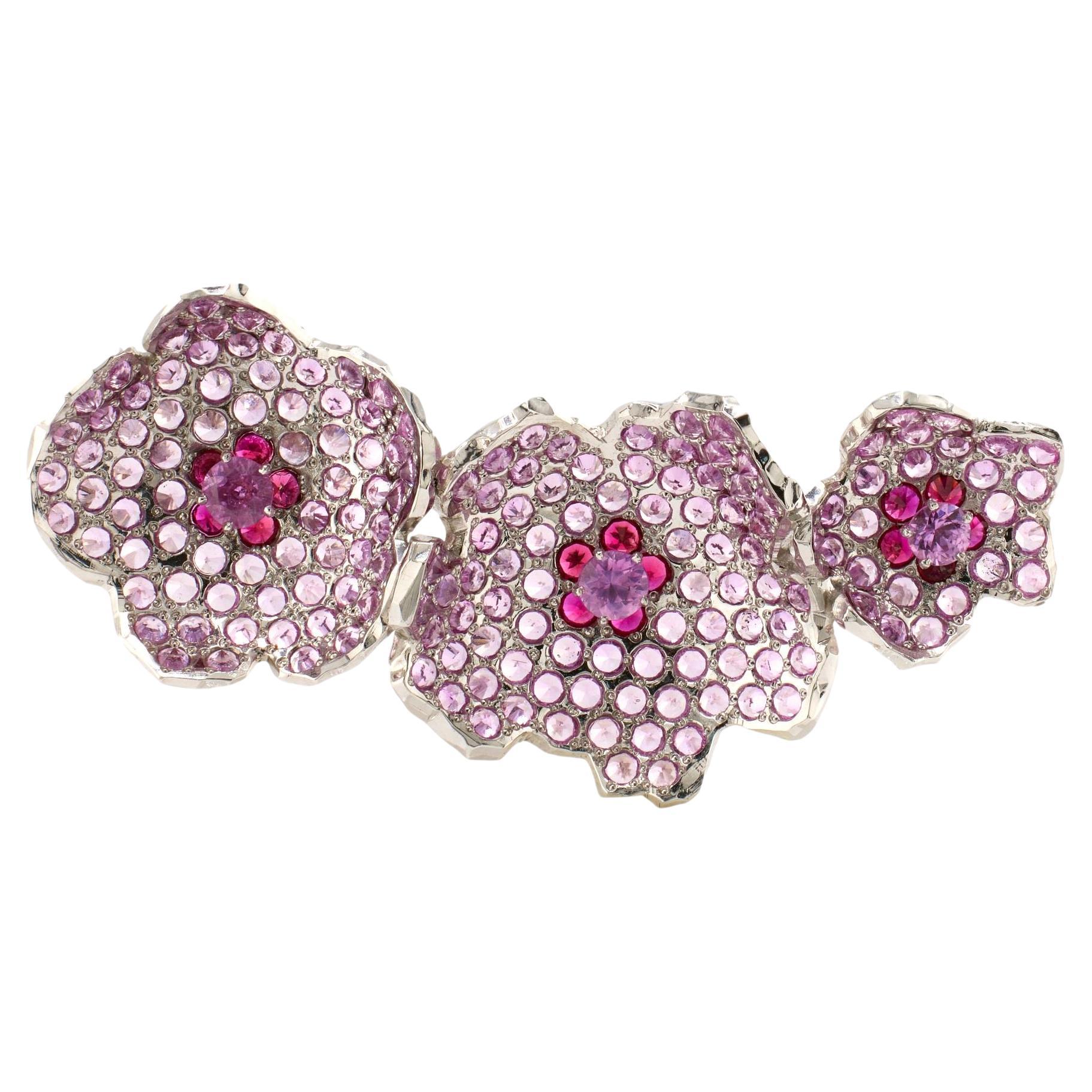 18 Karat White Gold Pink Sapphire Flower Brooch by MOISEIKIN