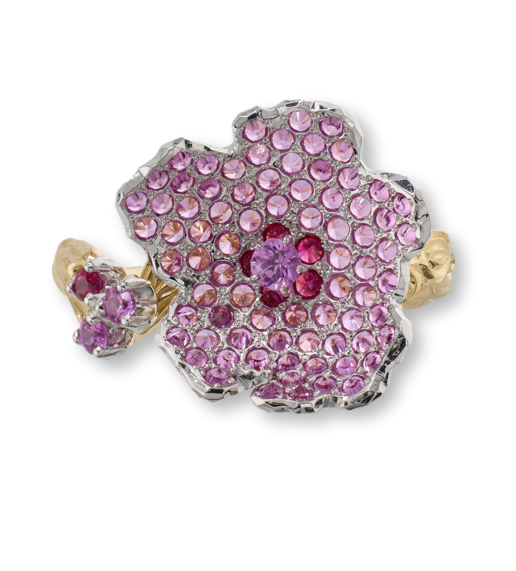 MOISEIKIN now features a delightful pink touch, which is this year's trend colour. Perfect for daily wear and fashion, this feminine ring celebrates the early flowering almond tree, a symbol of hope, abiding love, and friendship. The Almond Blossoms