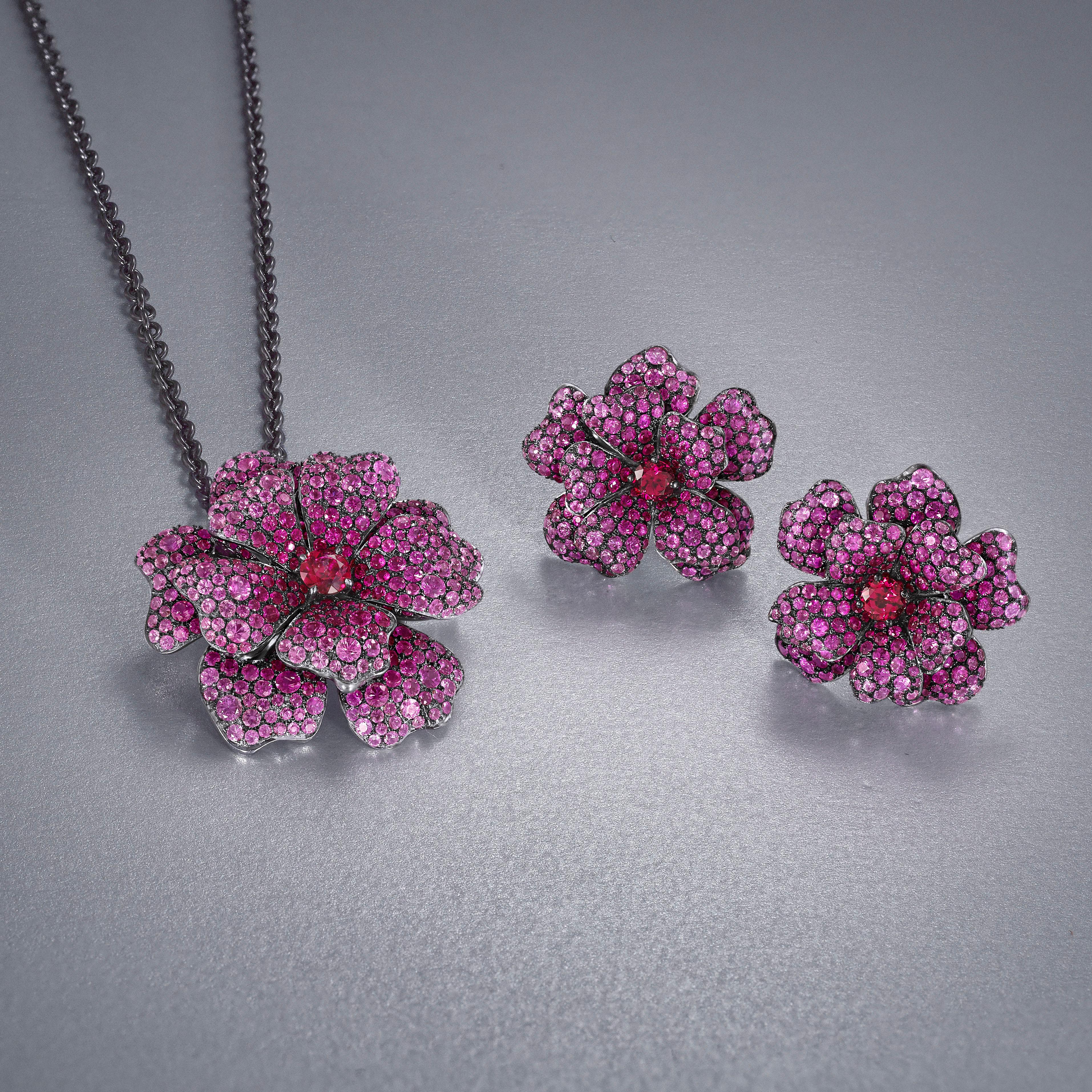 Romantic 18 Karat White Gold, Pink Sapphire, Ruby and Rubellite Flower Pendant and Brooch For Sale