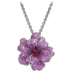 18 Karat White Gold, Pink Sapphire, Ruby and Rubellite Flower Pendant and Brooch