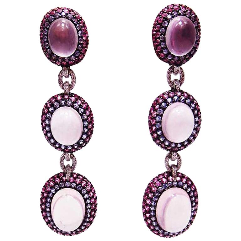 18 Karat White Gold Pink Sapphire Ruby Rose Quartz White Gold Oval Earrings