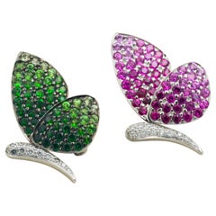 18 Karat White Gold Pink Sapphire, Tsavorite and Diamond Butterfly Pins