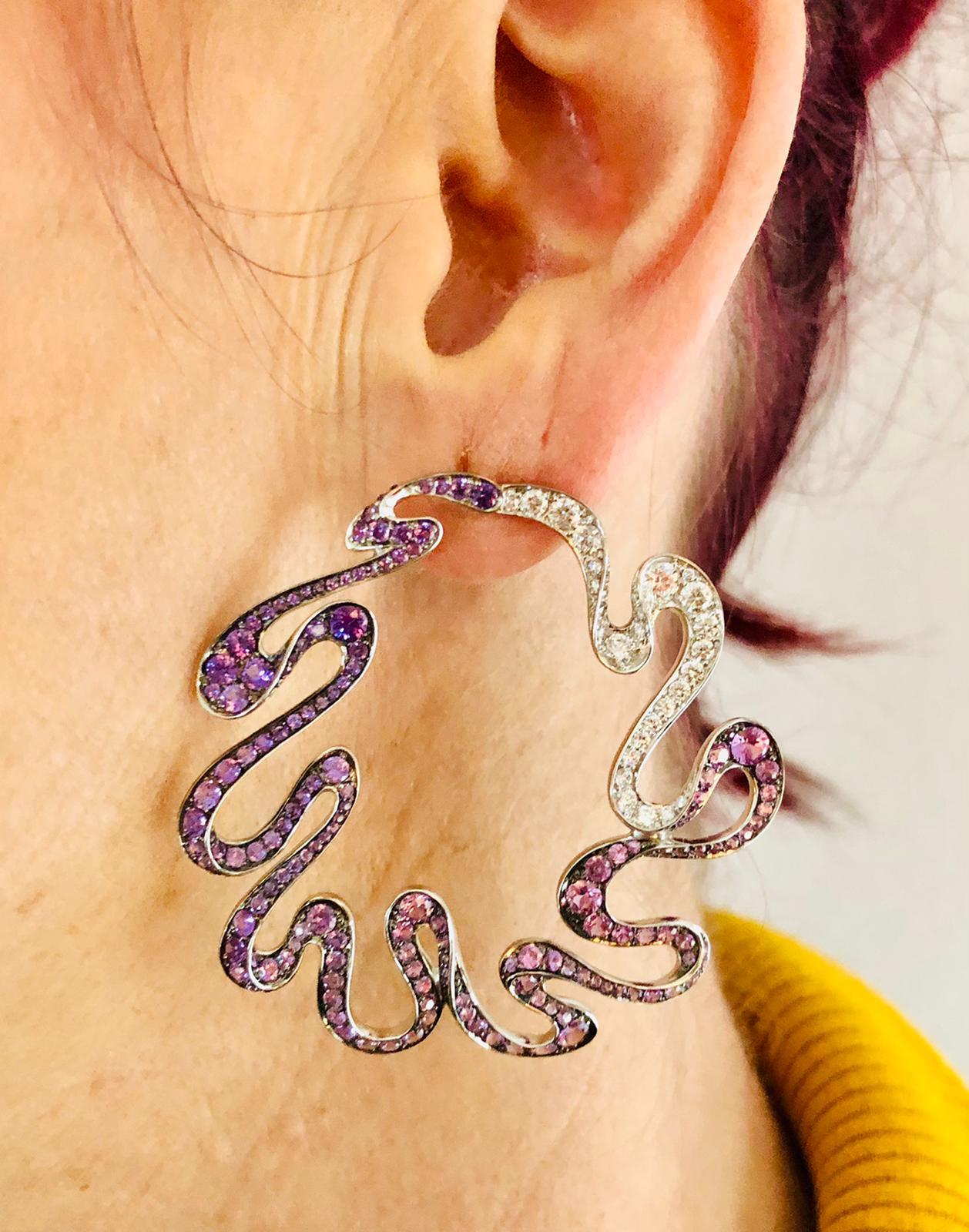 18 Karat White Gold Pink Sapphires and Amethyst Danza Earring by Niquesa In New Condition For Sale In London, GB