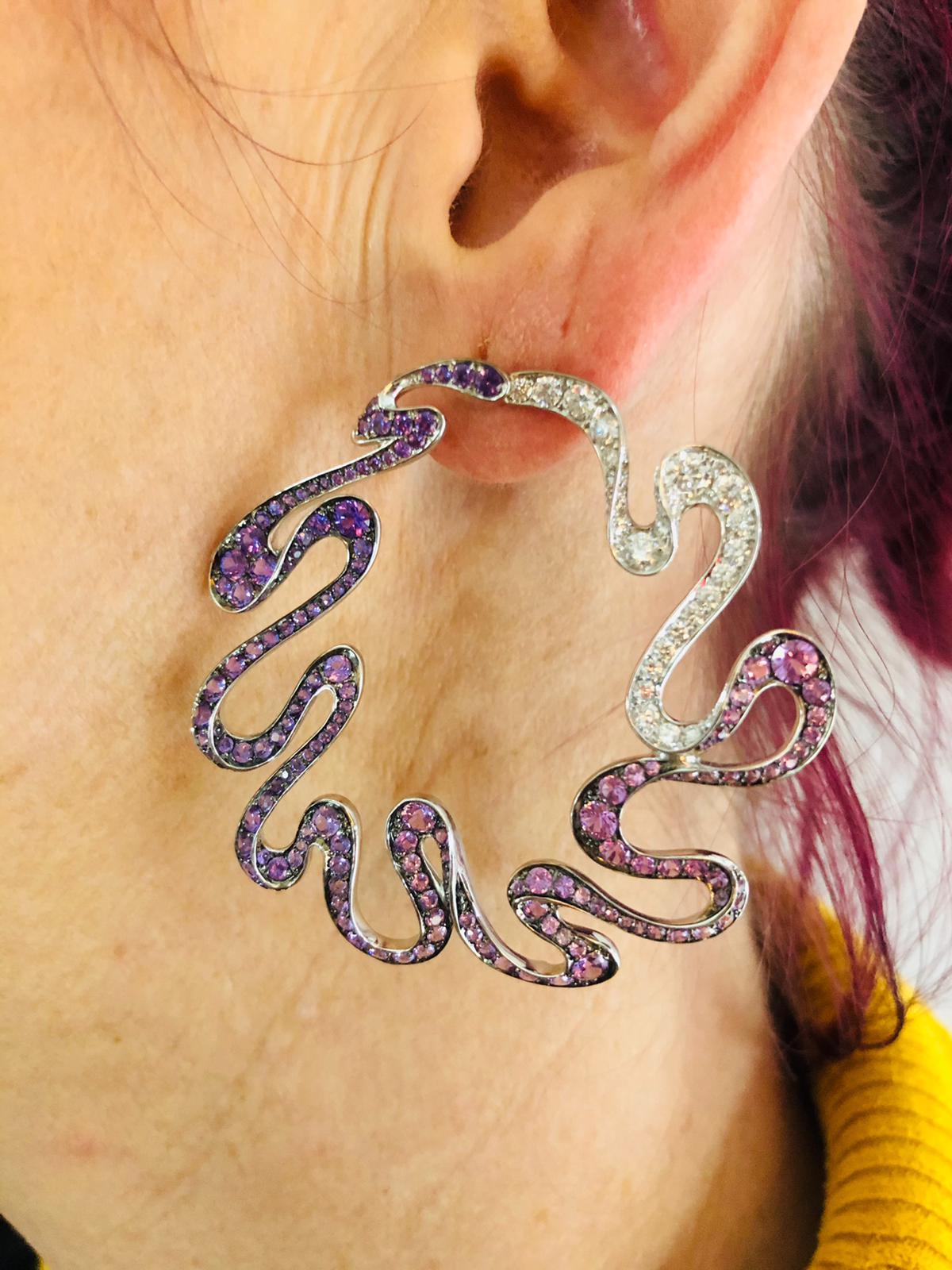 18 Karat White Gold Pink Sapphires and Amethyst Danza Earring by Niquesa For Sale 1
