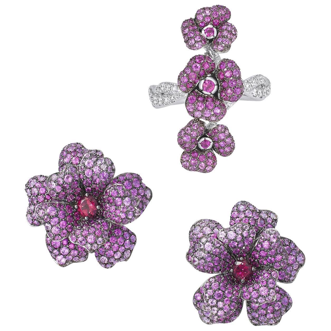 18 Karat White Gold, Pink Sapphires, Ruby and Rubelite Earrings and Ring