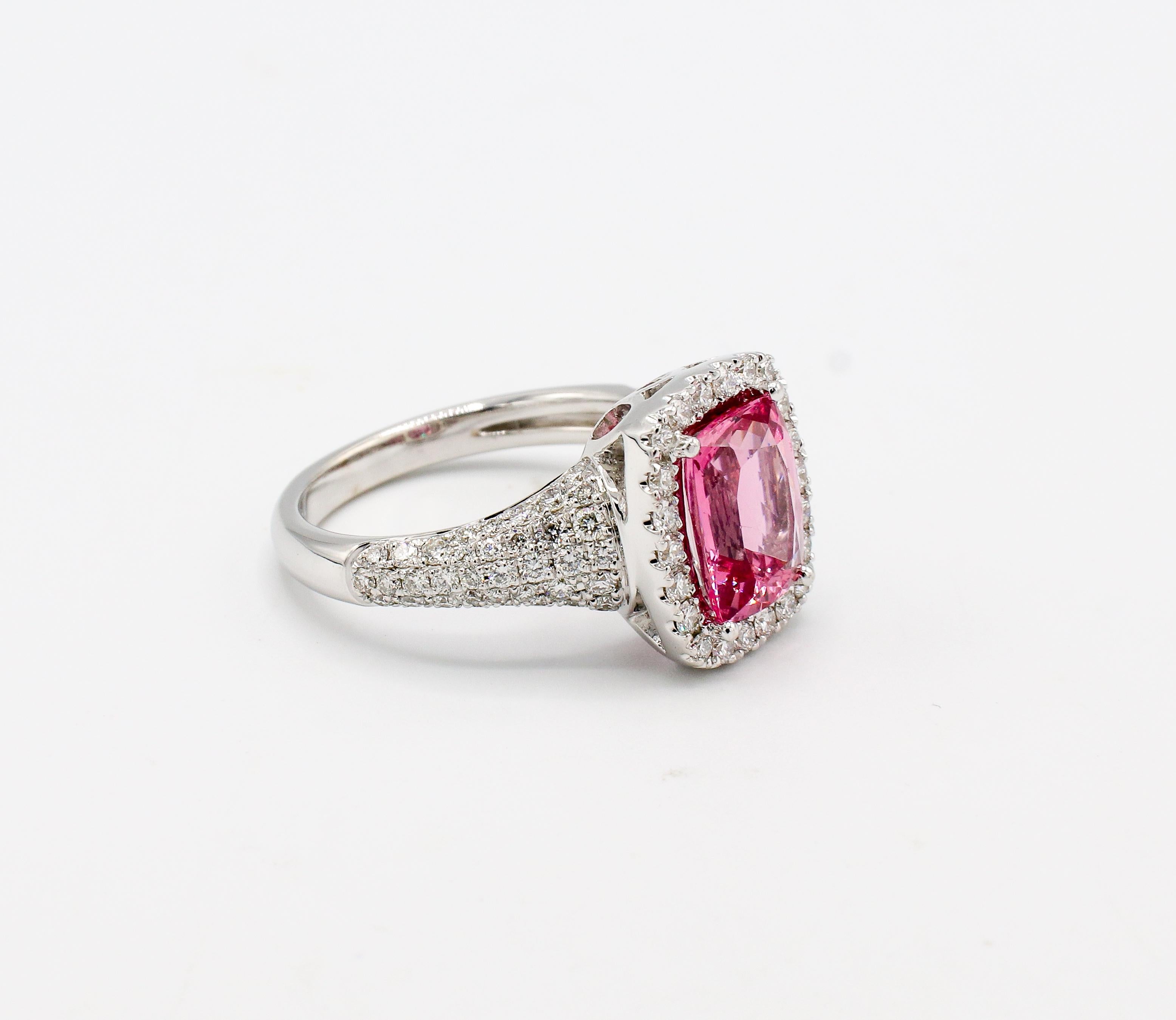 18 Karat White Gold Pink Spinel & Pave Natural Diamond Halo Cocktail Ring 
Metal: 18k white gold
Weight: 7.13 grams
Diamonds: Approx. 1.00 CTW G VS round natural diamonds
Spinel: Approx. 2.15 carats
Top: 13 x 11mm
Height: 6.5mm
Size: 6.75 (US)
