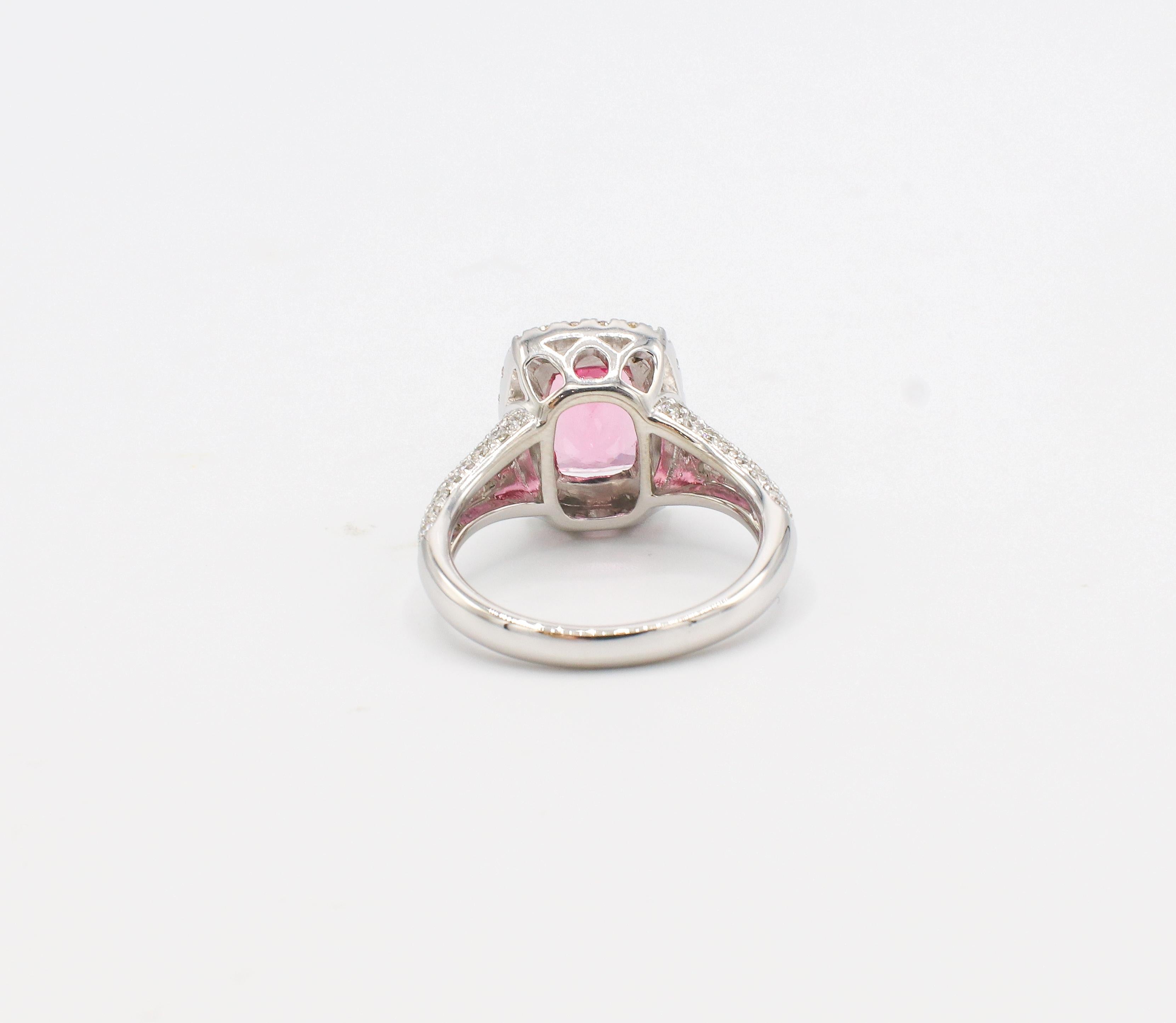 Modern 18 Karat White Gold Pink Spinel & Pave Natural Diamond Halo Cocktail Ring For Sale