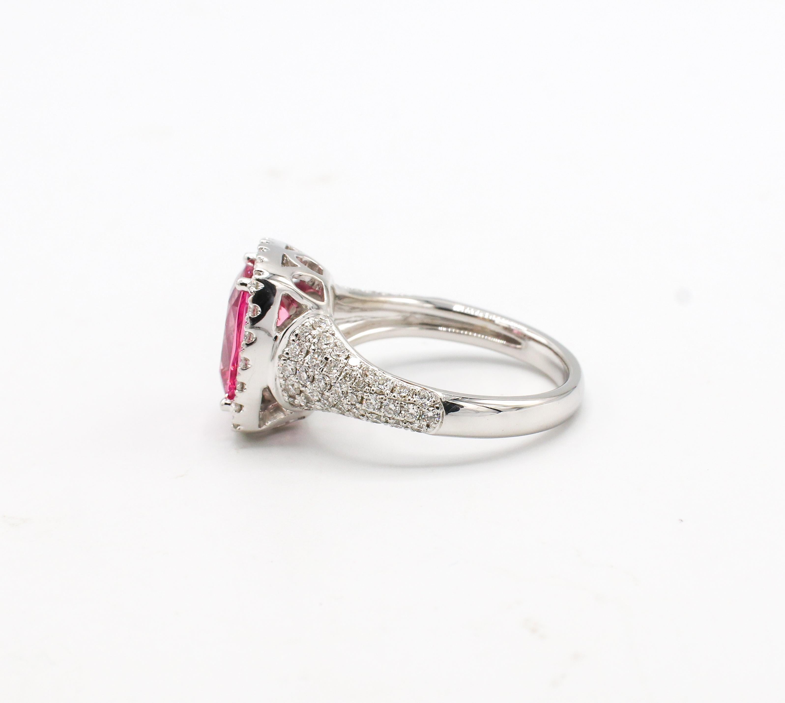 Cushion Cut 18 Karat White Gold Pink Spinel & Pave Natural Diamond Halo Cocktail Ring For Sale