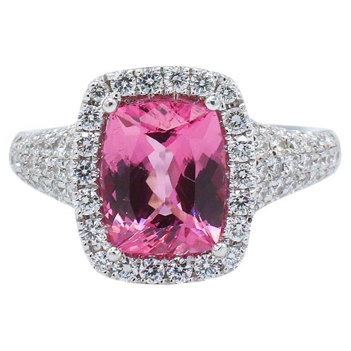 18 Karat White Gold Pink Spinel & Pave Natural Diamond Halo Cocktail Ring