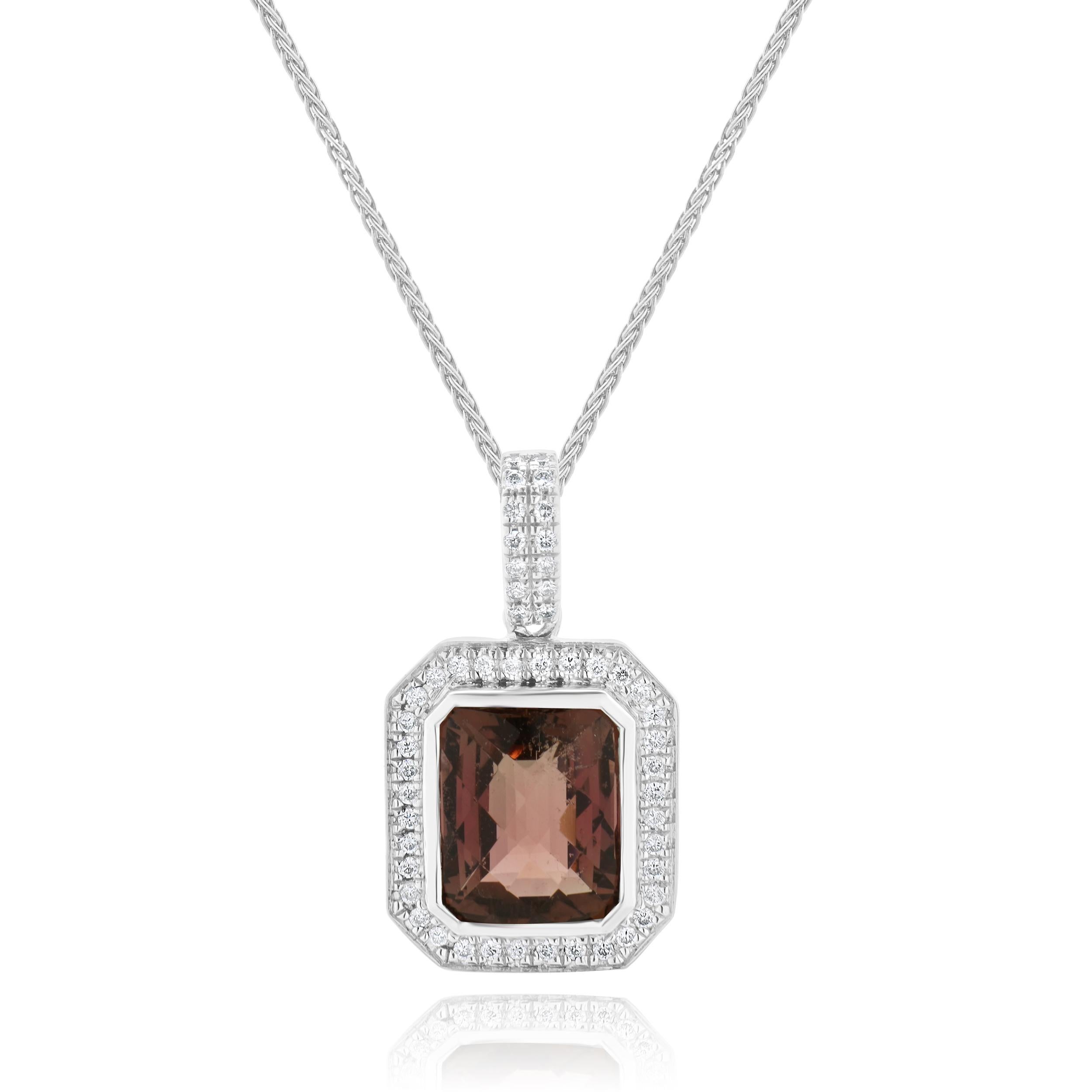 Designer: custom
Material: 18K white gold
Pink Tourmaline: 3.68cttw
Diamond: 36 round cut = 0.36cttw
Color: H
Clarity: SI1
Length: necklace measures 18-inches in length
Weight: 7.60 grams