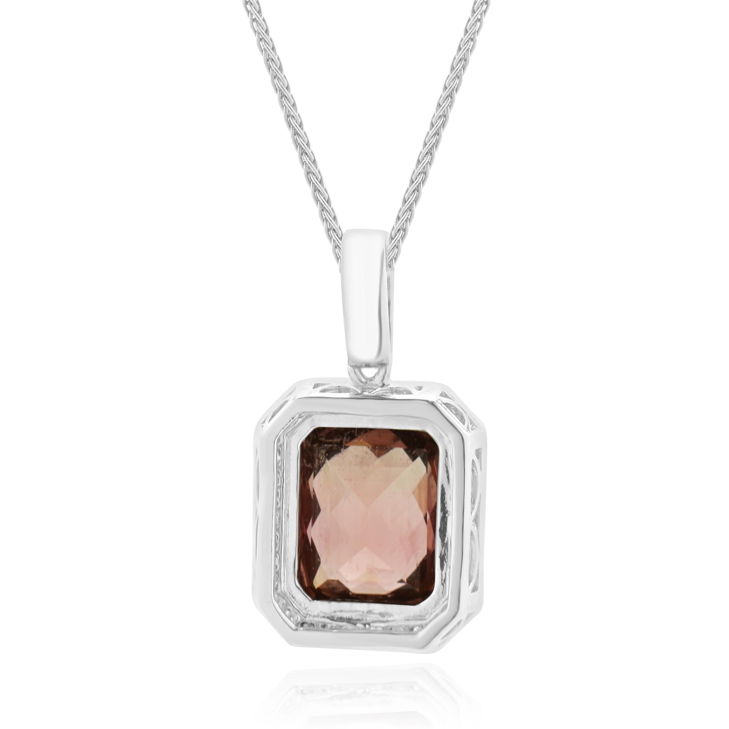 Round Cut 18 Karat White Gold Pink Tourmaline and Diamond Necklace For Sale