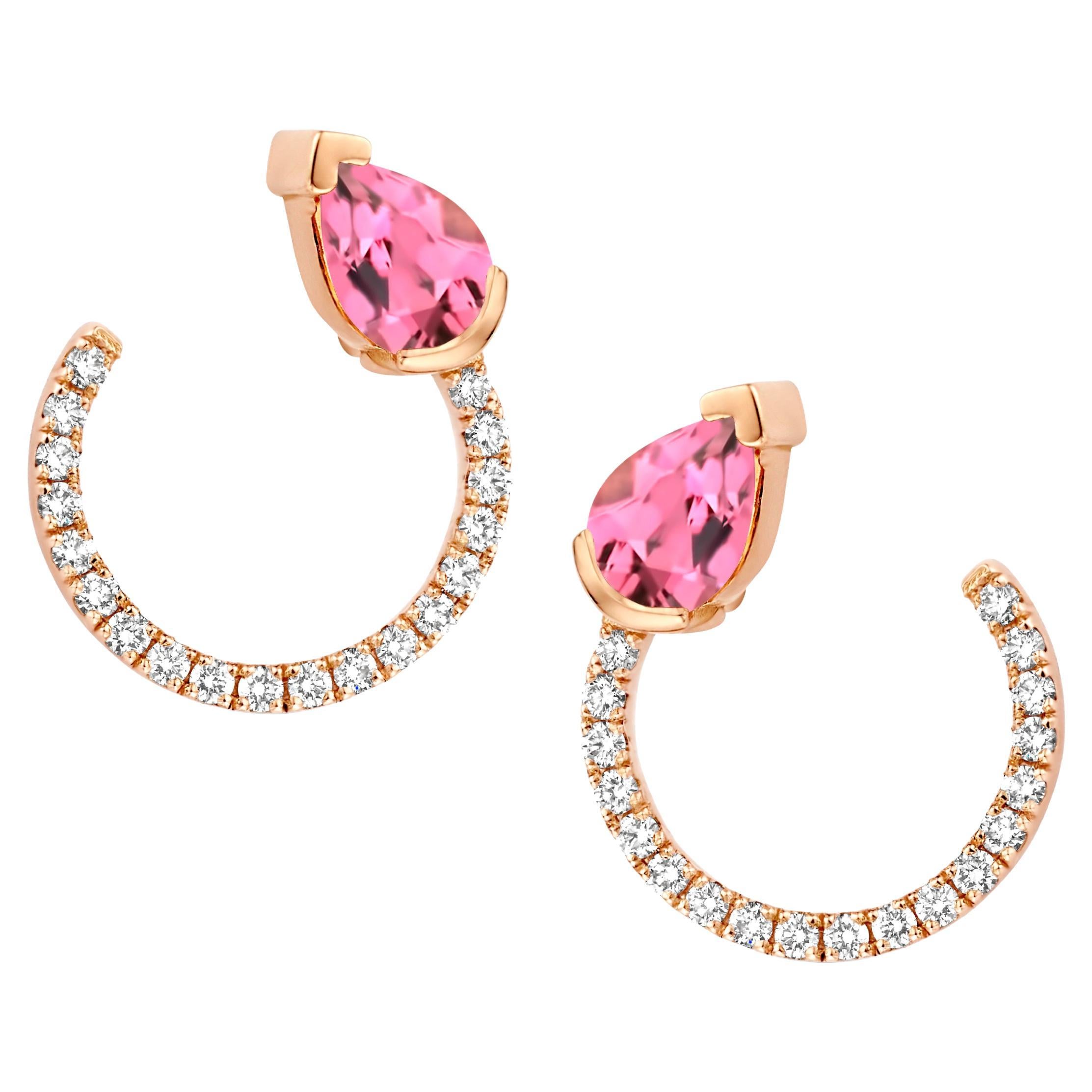 Pear Cut 18 Karat White Gold Pink Tourmaline Diamond Curved Earrings For Sale