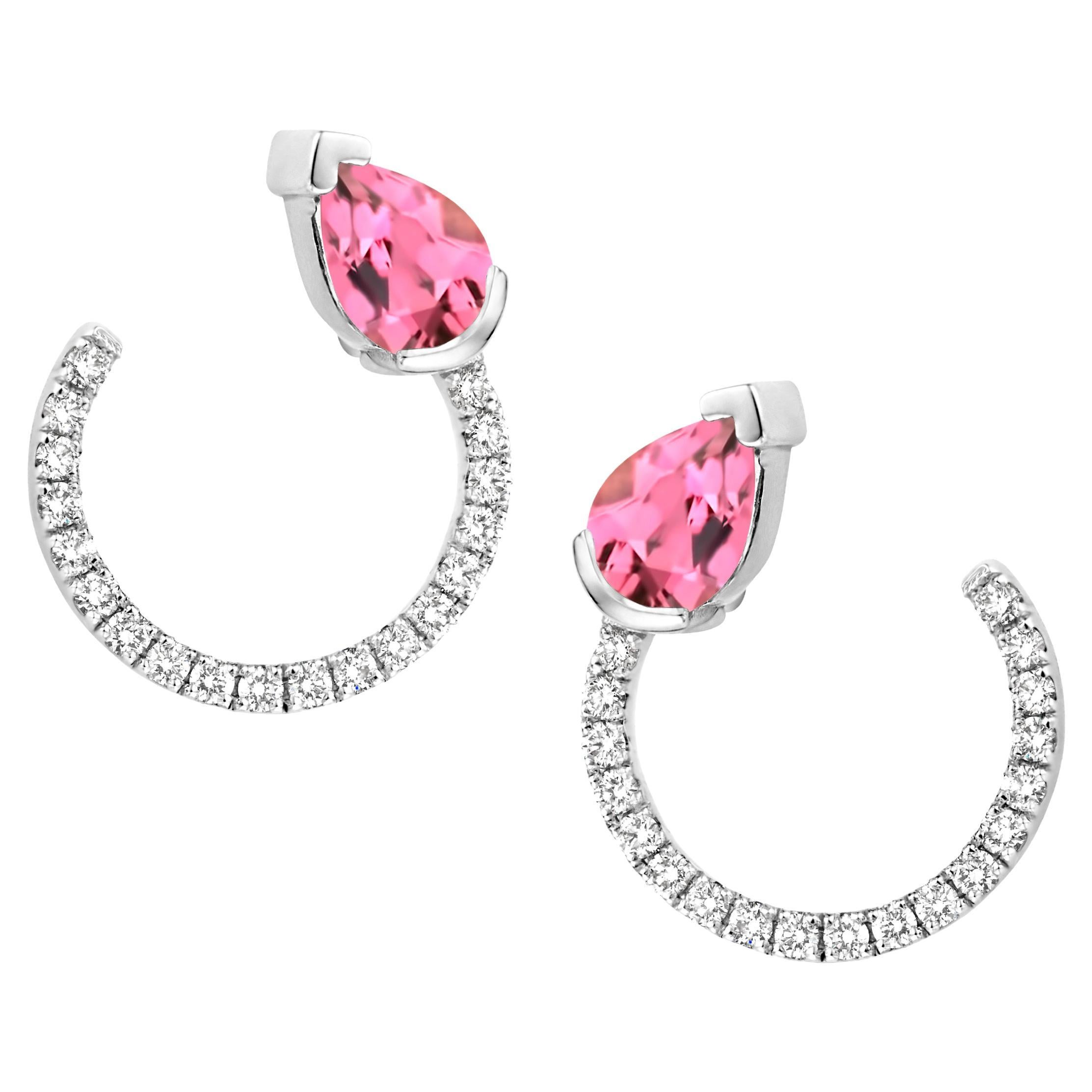 18 Karat White Gold Pink Tourmaline Diamond Curved Earrings For Sale