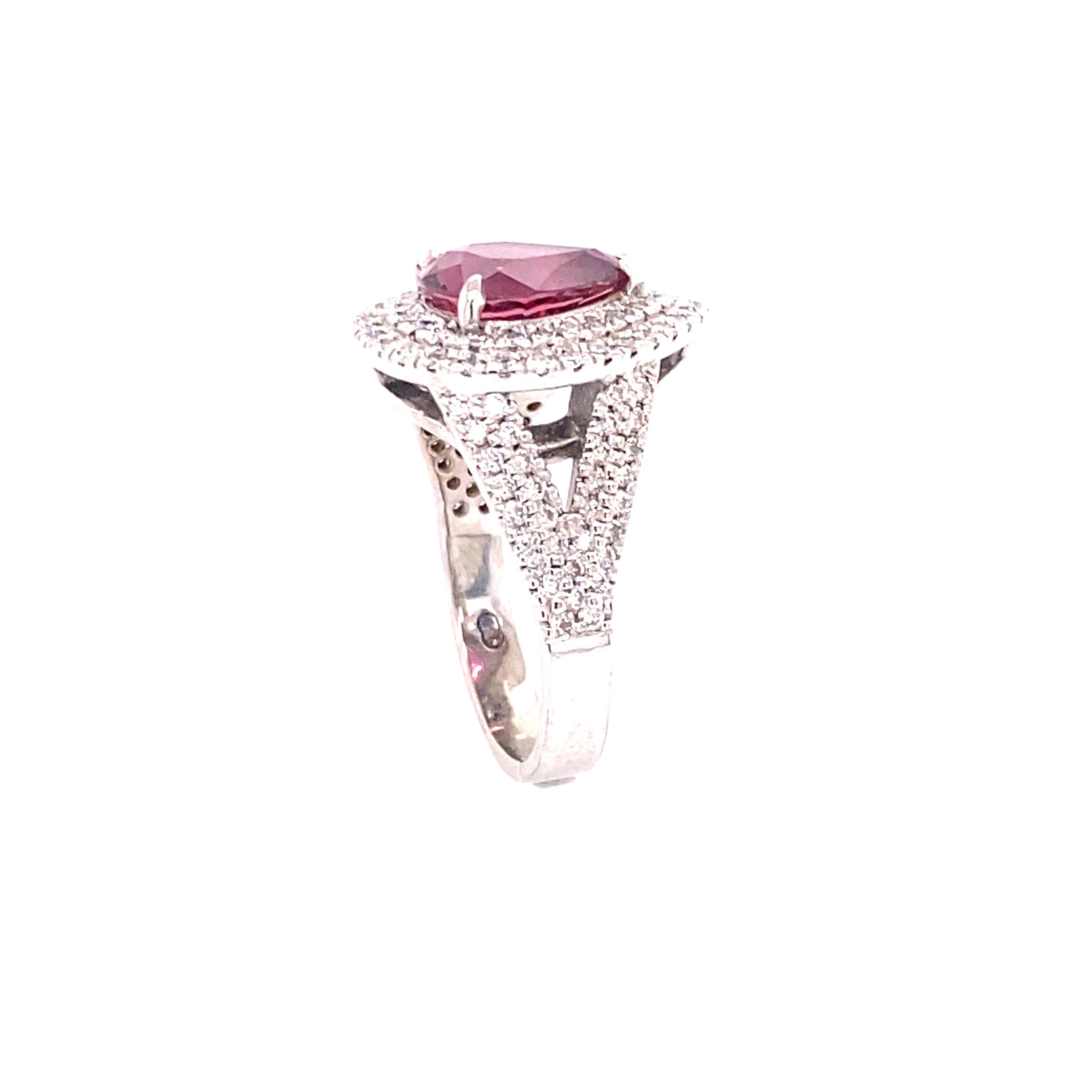 Contemporary 18 Karat White Gold Pink Tourmaline Diamond Ring For Sale