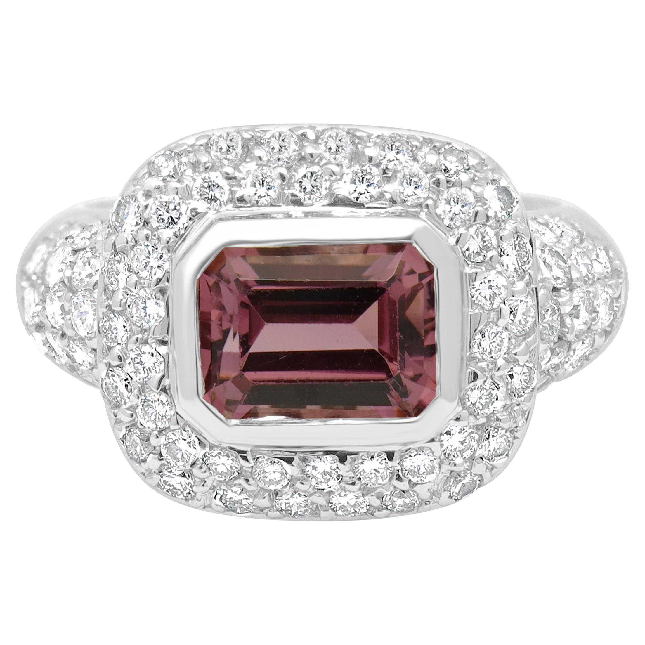 18 Karat White Gold Pink Tourmaline 
Diamond Ring For Sale