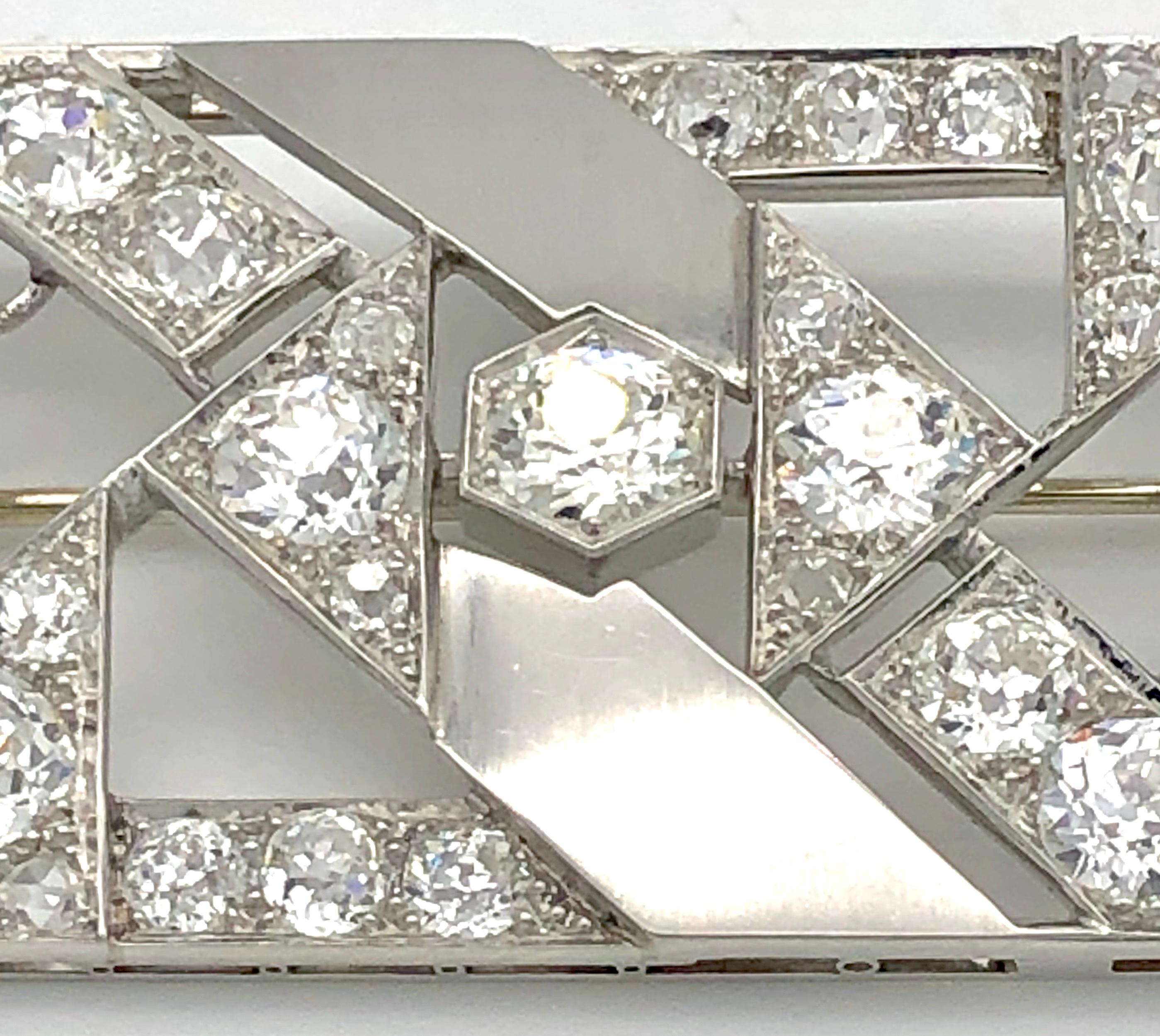 Old European Cut 18 Karat White Gold Platinum Art Deco 11 Carat Round European Cut Diamond Brooch