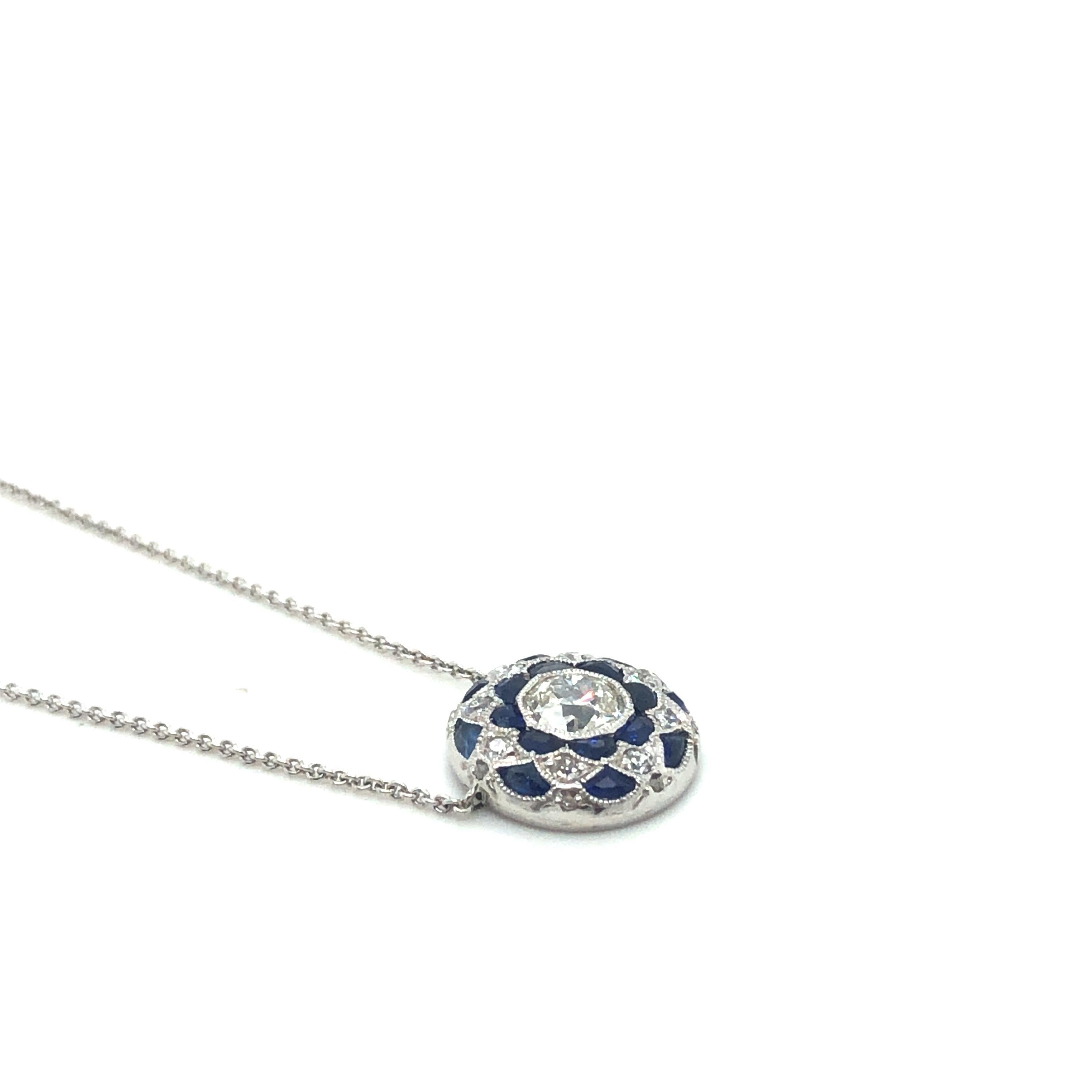Modern 18 Karat White Gold Platinum Old-Cut Diamonds Sapphires Pendant Necklace