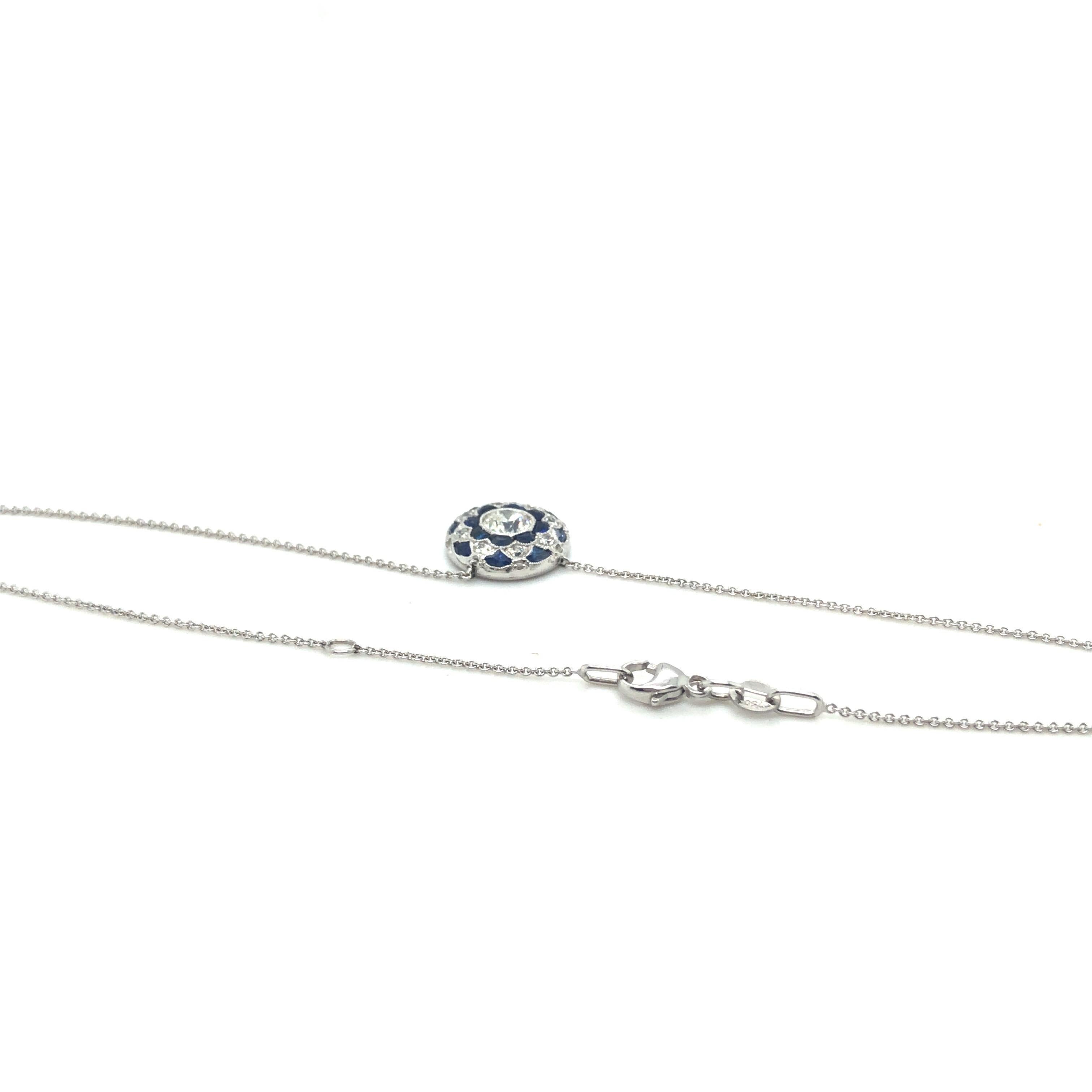 Round Cut 18 Karat White Gold Platinum Old-Cut Diamonds Sapphires Pendant Necklace