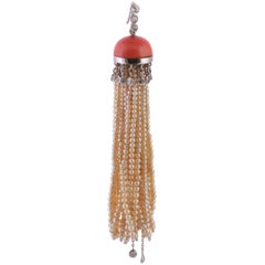 18 Karat White Gold Pon Pon Pendant with Pearls, Diamonds and Coral