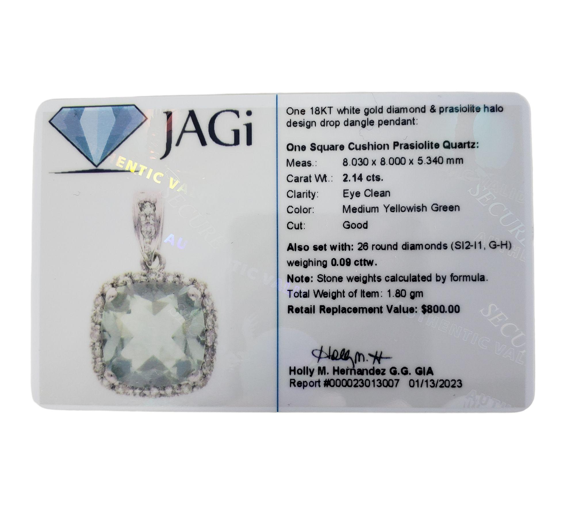 Women's 18 Karat White Gold Praisiolite Quartz and Diamond Pendant #13733 For Sale