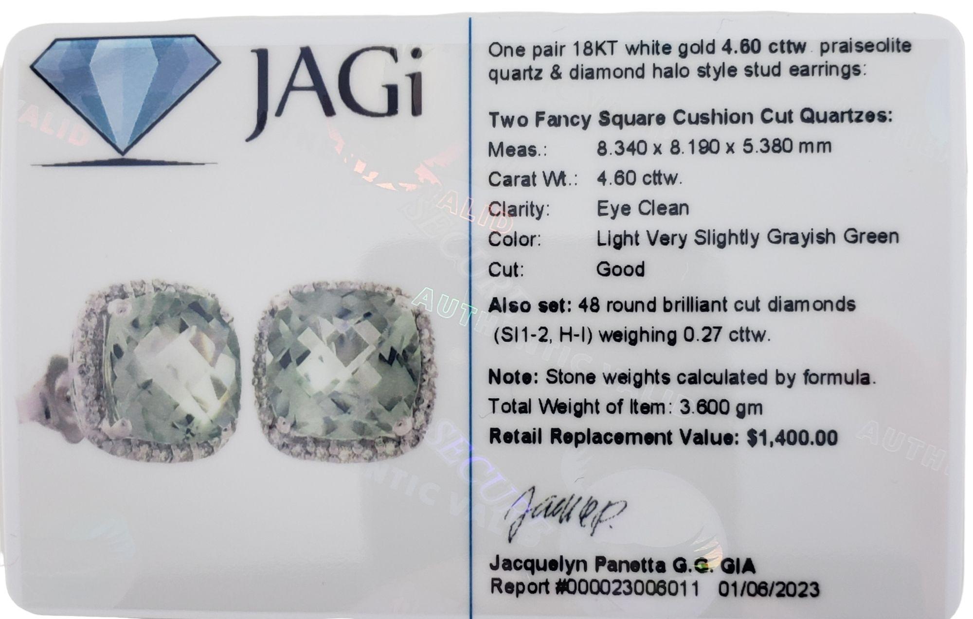 18 Karat White Gold Praisiolite Quartz and Diamond Stud Earrings #13702 For Sale 3