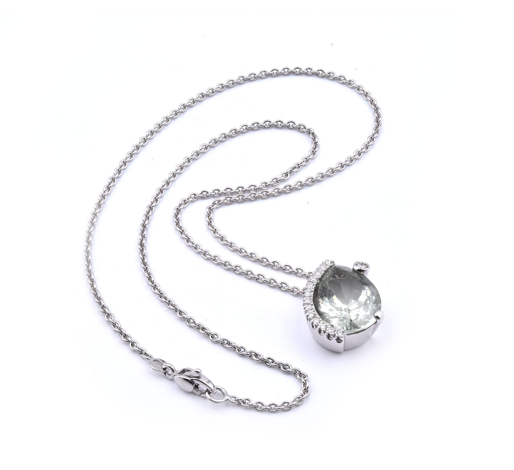 Material: 18k white gold
Diamond: 14 round brilliant cut = .13cttw
Color: H
Clarity: SI1
Prasiolite: 1 pear cut = 6.60ct
Dimensions: necklace is 16-inches in length, pendant measure 18.61mm x 15.6mm
Weight: 11.02 grams
