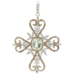 18 Karat White Gold Prasiolite, Chocolate Diamond and Diamond Cross Pendant