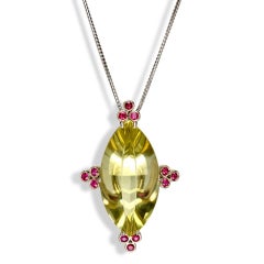18 Karat White Gold Prasiolite Pendant with Rubies, by Gloria Bass