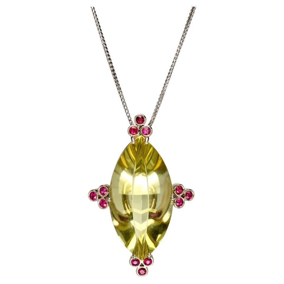 18 Karat White Gold Prasiolite Pendant with Rubies, by Gloria Bass For Sale