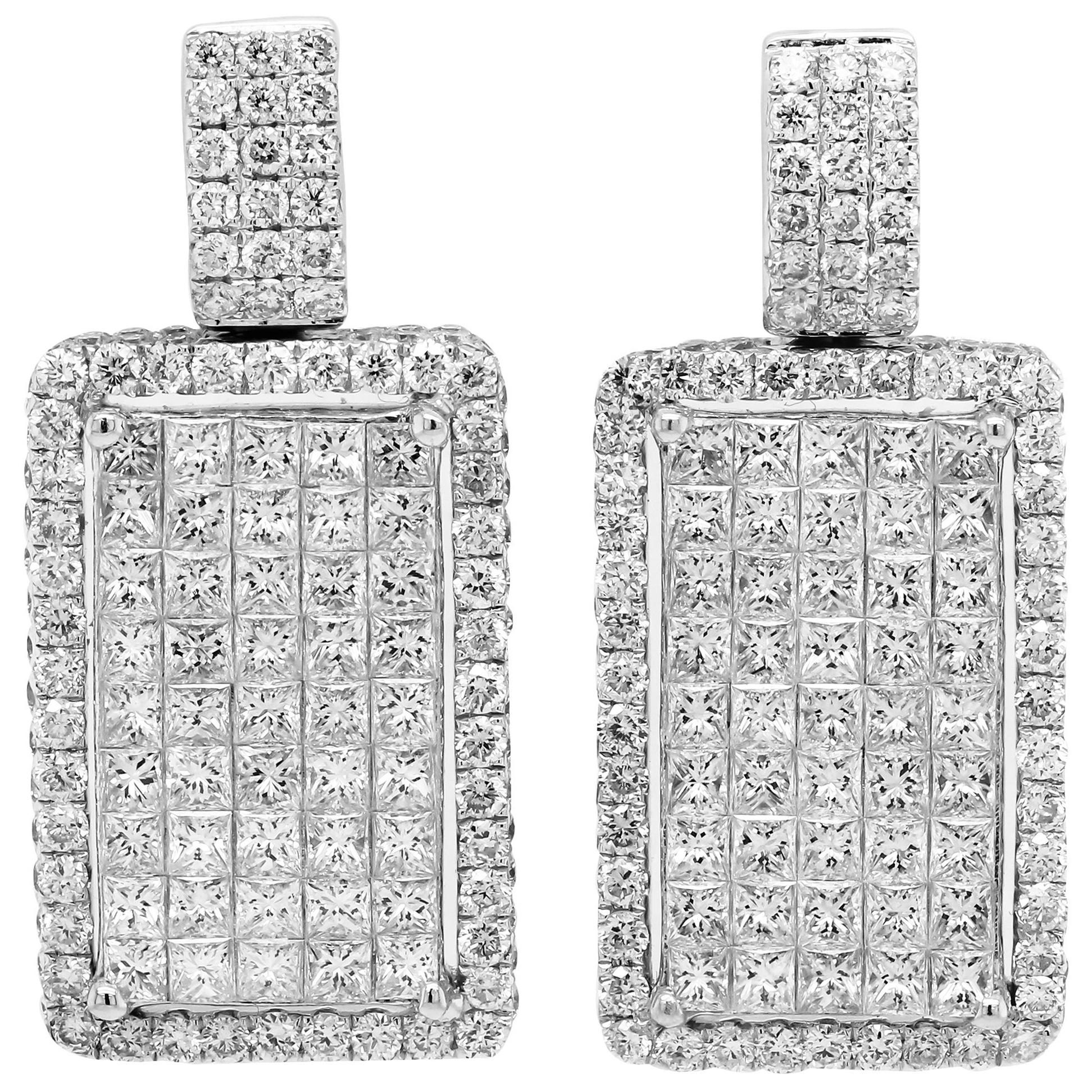 18 Karat White Gold Princess and Round Cut Diamond Drop Earrings For Sale