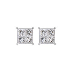 18 Karat White Gold Princess Cut Cluster Diamond Stud Earrings