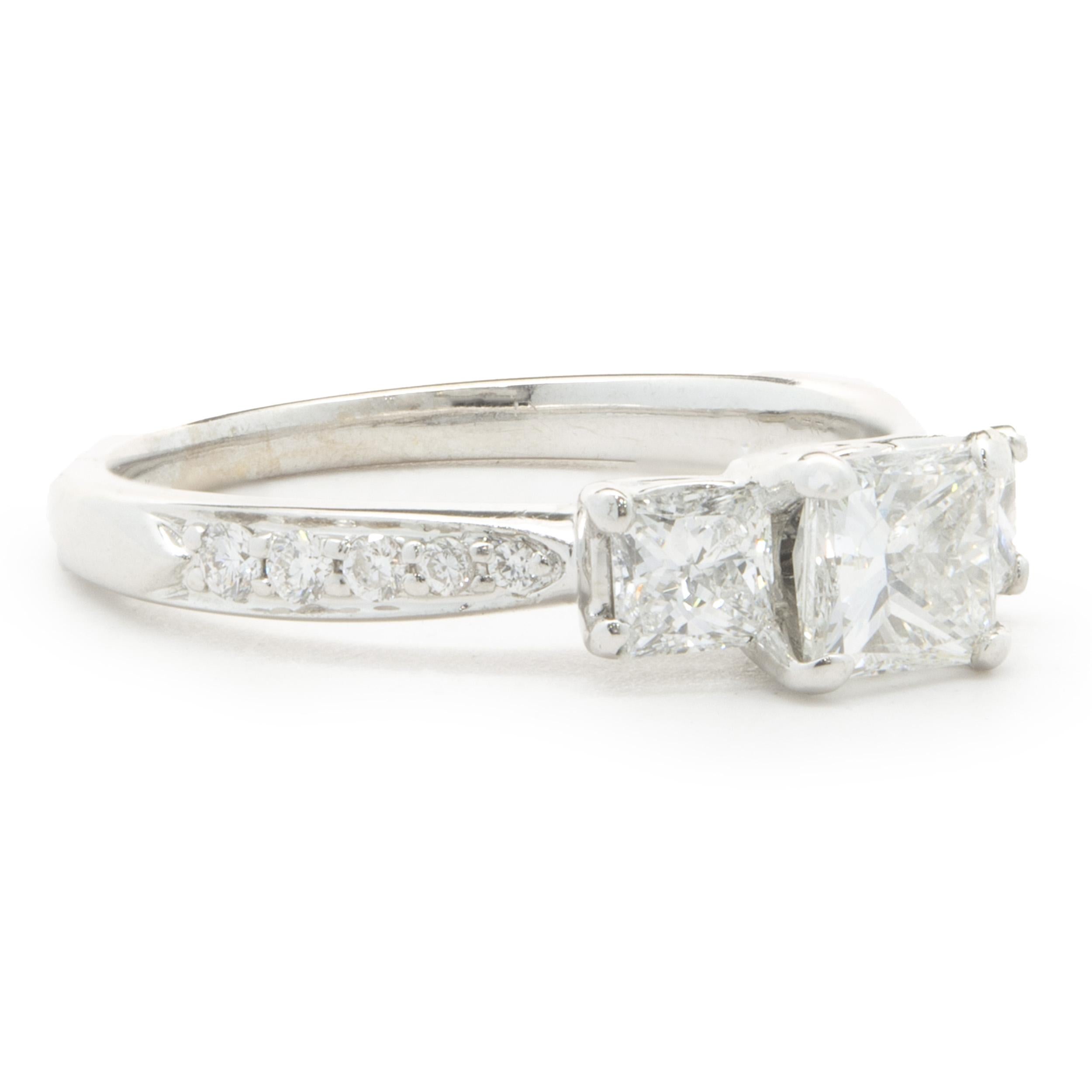 Women's 18 Karat White Gold Princess Cut Diamond Three Stone Engagement Ring For Sale