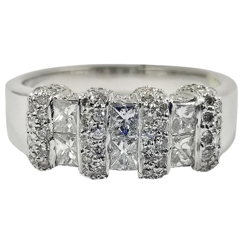 18 Karat White Gold Princess and Round Diamond Cluster Band