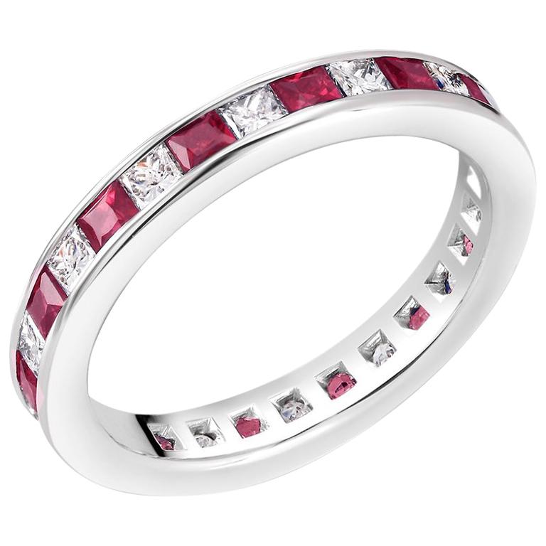 18 Karat White Gold Princess Ruby Alternating Diamond Eternity Band Ring