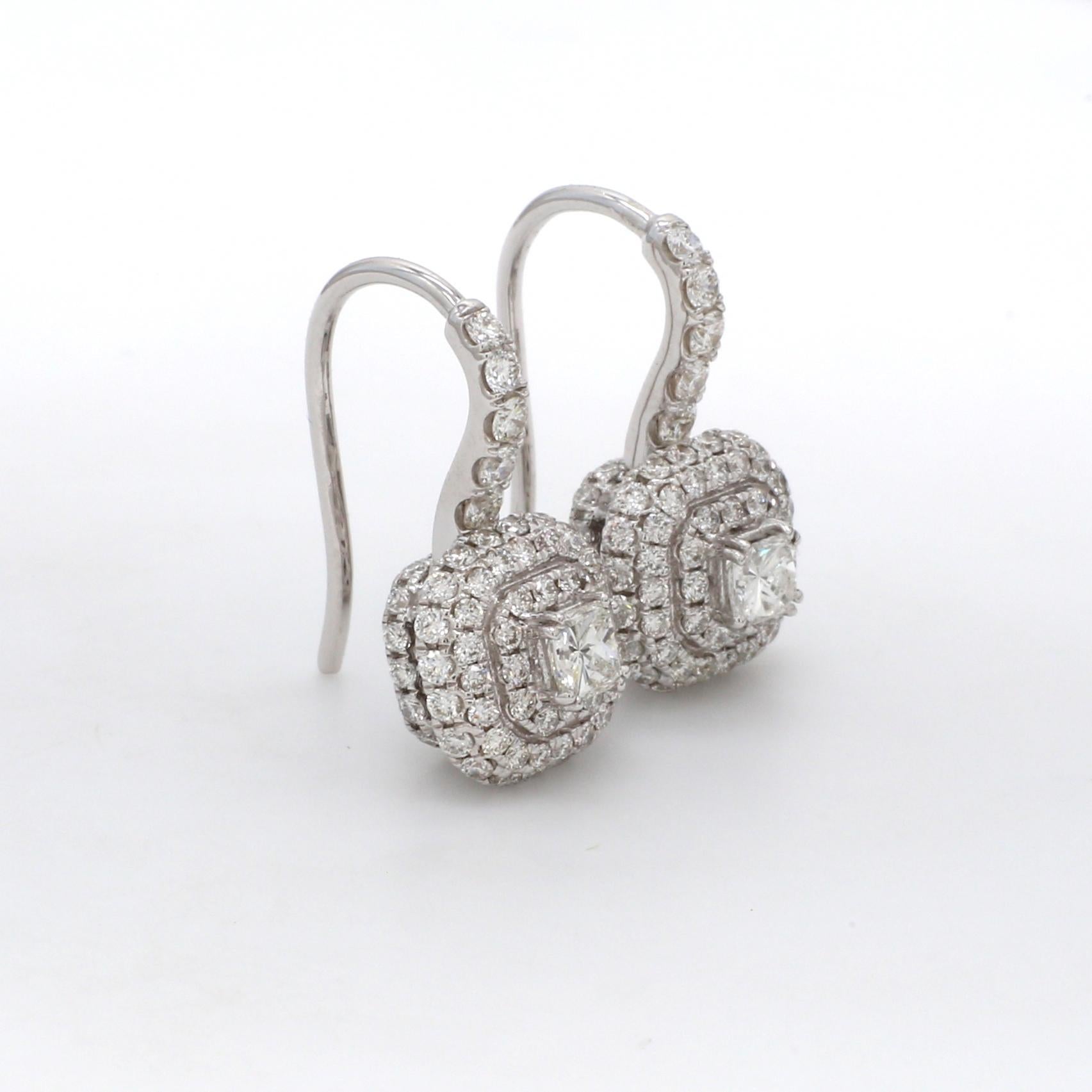 18 Karat White Gold Radiant Cut Diamond Double Halo Cocktail Earring In New Condition For Sale In Hollywood, FL